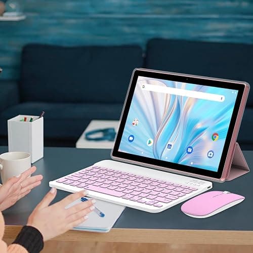 ZZB 2 in 1 Tablet with Keyboard Case Mouse Stylus Pen, 10 inch Tablet Android 14.0 Tablets PC Set, 8GB RAM+64GB ROM Tableta Computer 10.1" IPS Screen 2MP+8MP Dual Camera WiFi BT Tab Pink/Girls thumbnail 2