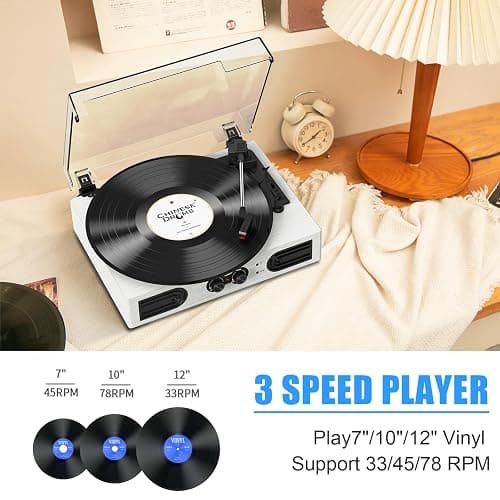 VinylsLink Vinyl Record Player with Built-in Stereo Speakers and Bass Adjust, Portable Vintage 3-Speed Belt-Driven, Bluetooth Input, RCA Line Out AUX in Headphone Jack, White Wood thumbnail 8