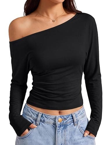 Trendy Queen Off the Shoulder Tops for Women 2026 Fall Cinched Waist Long Sleeve Shirts Casual Crop Tops - Image 1