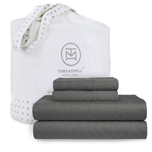 Threadmill Cotton Twin XL Sheet Set | 100% Cotton Sheets for Twin XL Size Bed | Damask Jacquard Sateen Twin XL Bed Sheets Set with 16” Deep Pocket | Soft Breathable 3-Piece Cooling Sheets | Dark Grey - Image 1