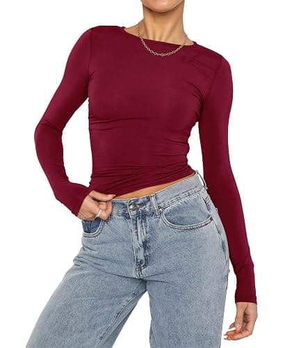 Long Sleeve Shirts for Women - Casual Y2K Printing Crop Tops Crewneck Slim Fit T-Shirt Tees thumbnail 2