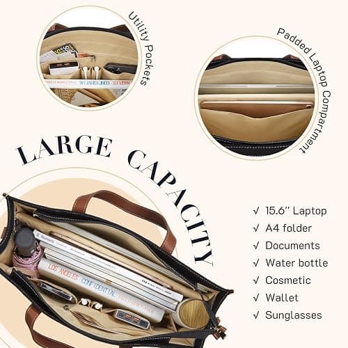 Missnine Laptop Tote Bag Canvas Laptop Bag 15.6 inch Work Shoulder Bags Casual Briefcase Handbag for Travel, Office, College (Black+Brown) thumbnail 3