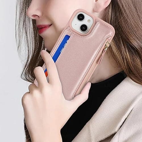 SailorTech iPhone 15 Etui mit Kartenhalter mag Safe, iPhone 15 Hülle mit Reißverschluss Kartenfach Geldbörse für iPhone 15 Handyhülle Lederhülle - Roségold thumbnail 2