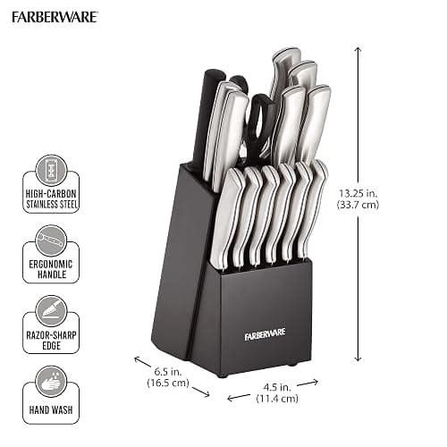FARBERWARE 15-Piece Kitchen Knife Set with High-Carbon Stainless Steel Blades, Black Handles, Steak Knives, Wood Block, Razor Sharp and Ergonomic thumbnail 3