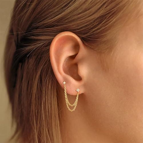 Freekiss Gold Chain Studs Earrings for Women Trendy: Hypoallergenic 14K Gold Plated Dangle Earrings Dainty Small Long Chain Earring Set Fashion Gold Jewelry for Women thumbnail 4