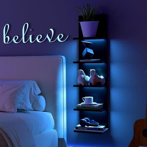 VIWODS 5-Tier Wall Shelf Unit with RGB Light, Floating Lack Shelf for Storage, Wall Mounted Vertical Display Shelf for Bedroom Living Room Vanity, Black thumbnail 5