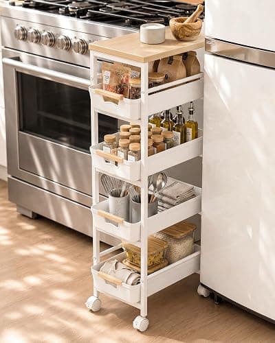 Pipishell Slim Storage Cart with Drawers & Lockable Wheels, 5 Tier Kitchen Cart with Safety Stops & Vented Design, Wood Top, Narrow Rolling cart for Kitchen, Bathroom, Laundry Room, White thumbnail 8