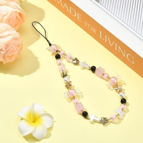 BEEFLYING Beaded Phone Charm Wrist Straps Y2K Phone Bracelet Lanyard, Cute Cyrstal Butterfly Flower Cellphone Wristlet Strap for Keychain Bag Charm thumbnail 3
