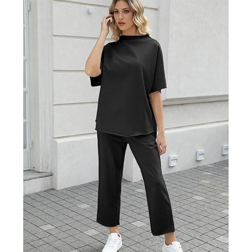 SeeLuNa Women's Two Piece Outfits 3/4 Batwing Sleeve Capelet Crew Neck Pullover Top Wide Leg Pants Lounge Set thumbnail 5
