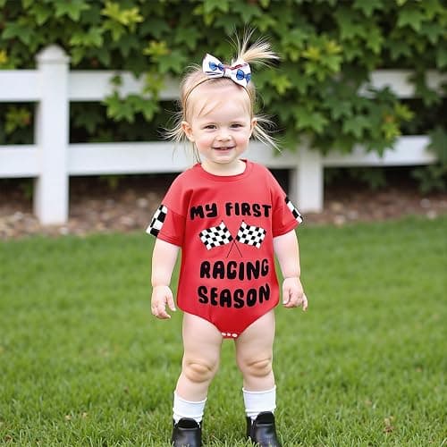 KMBANGI My First Racing Season Outfit Newborn Baby Boy Girl Short Sleeve Race Car Checkered Flag Romper Infant Clothing 0-18M thumbnail 2