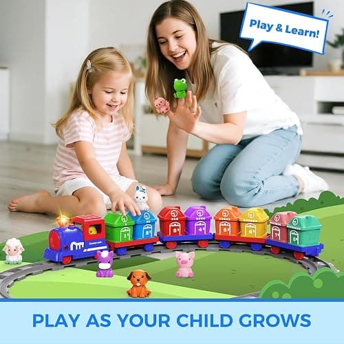 Learning Toys for Toddlers 1 2 3 Year Old,Electric Farm Train Set for Girls 2-4,Counting Matching & Sorting Montessori Train Toy with Farm Animals, Music, Light, Christmas Birthday Gift Baby (blue) thumbnail 3