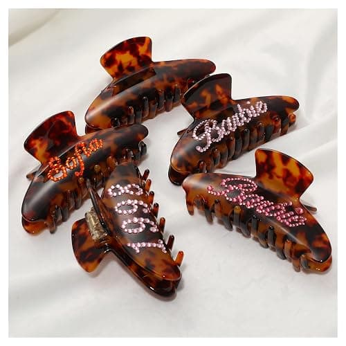 Personalized Rhinestone Hair Claw Barrettes - Custom Name/Number, French Design Cellulose Acetate Clips for Women & Girls (Tortoise, 4") thumbnail 4