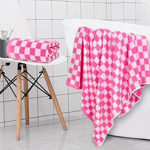 Jacquotha Hot-Pink Checkered Cotton Bath Towels Set of 2 - Cute Aesthetic Bathroom Towels for Women Girls Teens, Valentines Bathroom Decor 27.5" x 55" thumbnail 5