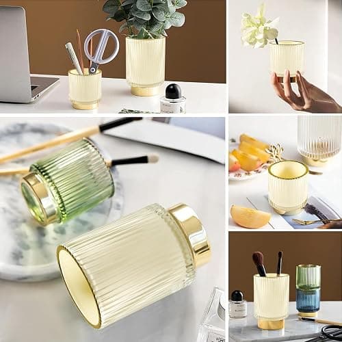 DASITON Makeup Brush holder Organizer,Crystal Cosmetic Makeup Brush Glass Brushes Storage Holder, Vintage Make Up Brush Cup Pen Pencil Holder striped vase(Cream S+L) thumbnail 4