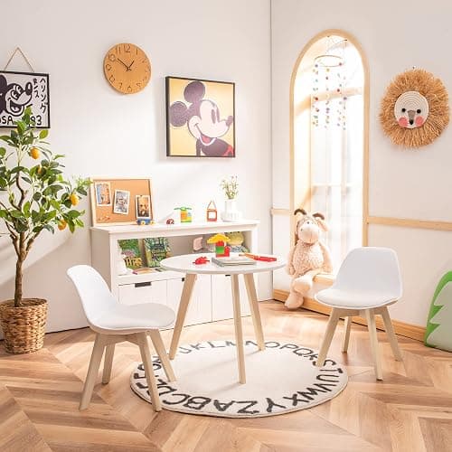 Costzon Kids Table and Chair Set, 3 PCS Wood Activity Play Table w/Padded Seat & Wood Legs for Arts, Crafts, Reading, Preschool, Kindergarten, Playroom, Mid Century Modern Toddler Table and Chairs thumbnail 4