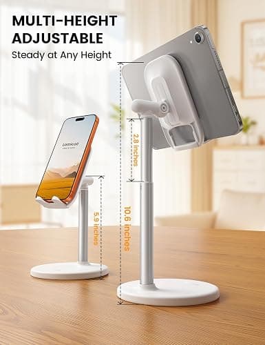 Lamicall Phone Tablet Stand for Desk - White Desktop Holder for iPad Kindle | Height Adjustable Sturdy Stand for Desk, Kitchen Counter & Office Accessories, Fits iPhone Tablets Tab Switch, 4-10" thumbnail 2