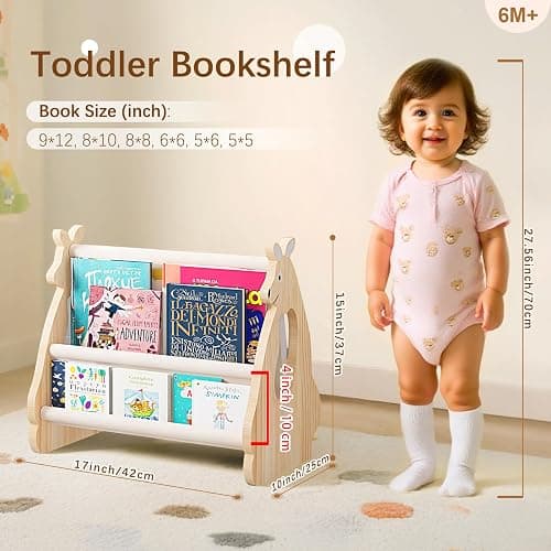 Lullulii Double Sided Kids Bookshelf – 2 Tier Portable Toddler Bookshelf, Book Shelf for Kids Rooms & Playroom, Cute Kangaroo Design Wooden Montessori Baby Bookshelf,Toddler Book Display Shelves thumbnail 2