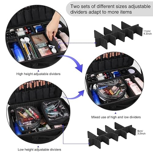 Relavel Extra Large Makeup Case, Professional Makeup Artist Bag Double Layer Compartment Cosmetic Travel Organizer Bag Makeup Brush Storage Holder with Adjustable Dividers and Shoulder Strap, Black thumbnail 4