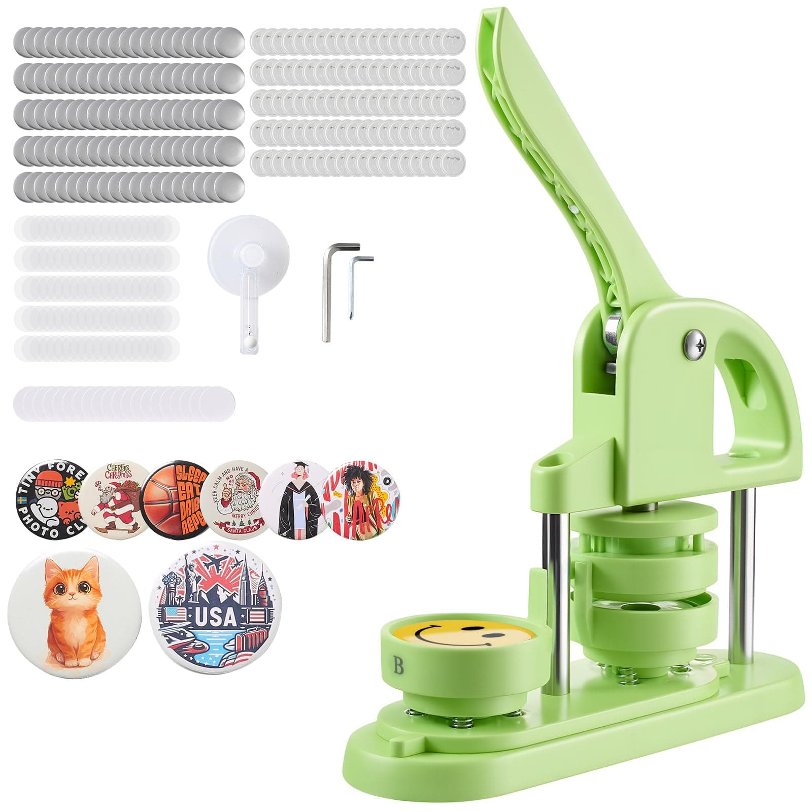 VEVOR Badge Machine 58mm Personalized Plastic Pins with 100 Consumables, Circle Cutter and Hex Wrenches, Ergonomic Handle for DIY Lapel Pins, Green - Image 1