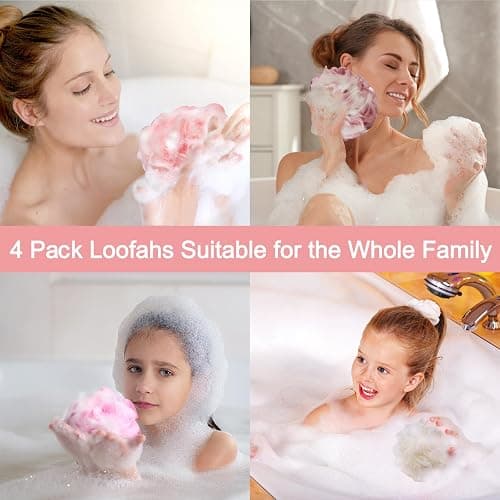 Fishent Loofah Bath Sponge Shower Loofahs, Pack of 4 Pink Soft Loofa Exfoliating Body Scrubber Mesh Shower Puff Pouf Ball Luffa for Women(50g/pcs) thumbnail 3