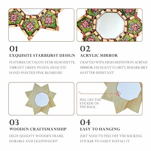 Starburst Decorative Wall Mirror Green Floral Hand-Painted Wooden Frame Shatterproof Acrylic Hanging Mirror Vintage Boho Moroccan Wall Mirror Decor for Living Room Bedroom Entryway Small Accent Mirror thumbnail 7