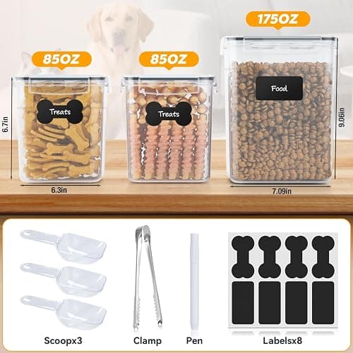qeerable Airtight Dog Treat Container Set - Shatterproof Plastic Pet Treat Container with Scoops, Tongs & Labels - 3 Pack Clear Dog Cookie Jar for Kitchen Counter Organization & Freshness thumbnail 3