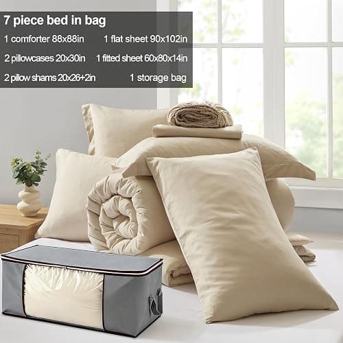Homelike Moment Queen Comforter Set with Sheets, 7 Piece Beige Comforter Set Queen Size, Full Size Bed in a Bag Lightweight and Machine Washable thumbnail 2