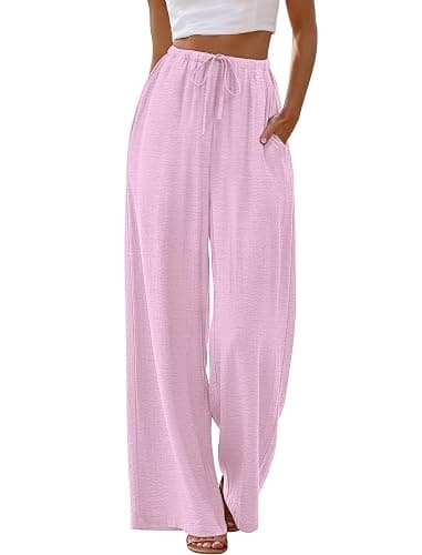 Sampeel Wide Leg Pants for Women Flowy Palazzo Drawstring Elastic Waist Trousers with Pockets Summer Beach Vacation Clothes thumbnail 2