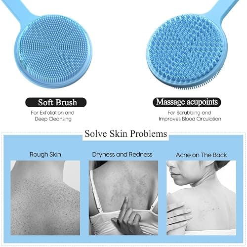Silicone Back Scrubber for Shower, 17in Lengthen Long Handle Body Brush, Double Sided Shower Brush for Shower Exfoliating and Massage Can Produce Rich Foam, Long Handle Back Scrubber for Men thumbnail 3