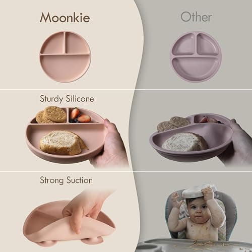 Moonkie 2pc Silikon Kinderteller mit Deckel, Baby teller mit Saugnapf, BPA-freie Rutschfest Geteilte Geschirr Set mit Gabeln und Löffel, Mikrowellen und Spülmaschinenfest(Mint/Hellblau) thumbnail 6