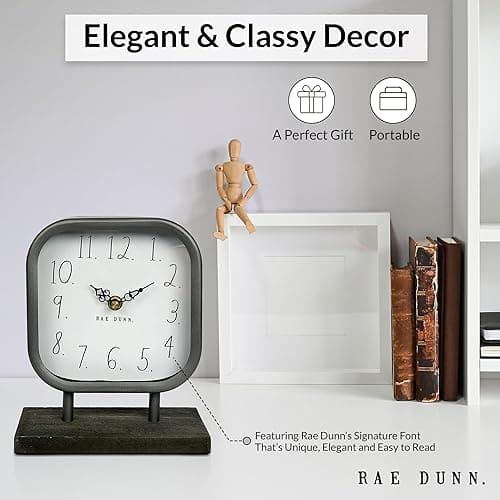 Rae Dunn Desk Clock - Battery Operated Modern Metal Rustic Design with Wooden Base for Bedroom, Office, Kitchen - Small Classic Analog Display - Chic Home Décor for Desktop Table, Countertop thumbnail 5