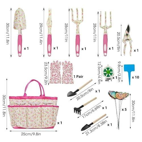 MYMULIKE Gardening Tools for Women, 26 Pieces Garden Tools Set, Gardening Gift Set with Storage Bag, Gloves,Gardening Supplies- Butterfly Decors and Colorful Planting Tags Included thumbnail 9