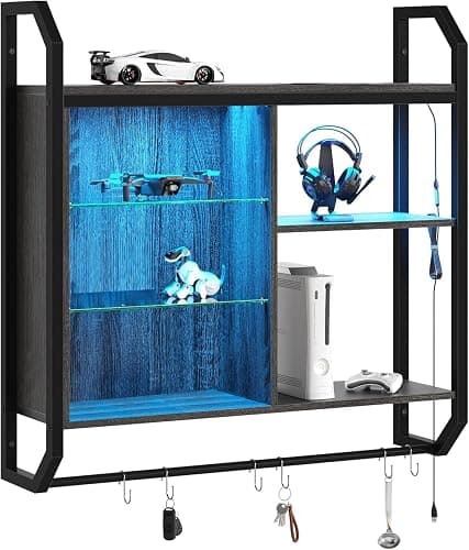Bestier Gaming Floating Shelves, 34" LED Wall Mounted Shelf with Adjustable Glass Shelf, Pipe Shelves Hanging Display Rack Bookshelf with 6 S-Hook, Gaming Room Decor Wine Coffee Bar Black thumbnail 8