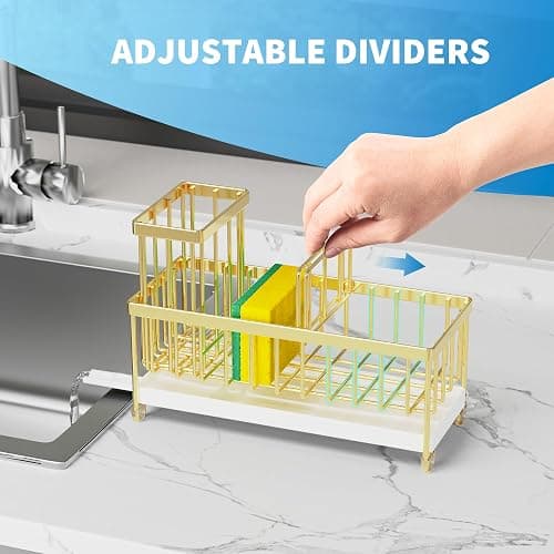 Cisily Gold Sponge Holder for Kitchen Sink, Sink Caddy Organizer with High Brush Holder, Kitchen Countertop Organizers and Storage Essentials, Rustproof 304 Stainless Steel, Soap Dispenser Organize - Gold thumbnail 5