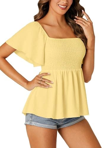 LYANER Women's Square Neck Cute Peplum Top | Ruffle Smocked Short Sleeve Ruched Flowy Casual Babydoll Blouse Top Shirts thumbnail 3