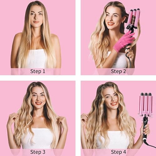 3 Barrel Curling Iron Hair Crimper: Birthday Gifts for Women - Dual Voltage Adjustable Temperature Three Barrels Hair Waver - 1 Inch Ceramic Curler Wand (Pink) thumbnail 6
