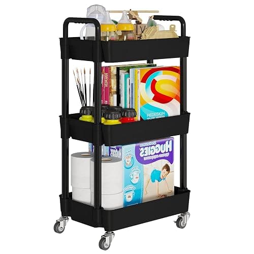 Laiensia 3-Tier Storage Carts,Multifunction Utility Rolling Cart Kitchen Storage Organizer,Mobile Shelving Unit Cart with Lockable Wheels for Bathroom,Laundry,Living Room,With Classified Sticker,Black thumbnail 7