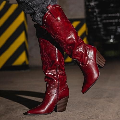 GOGD Knee High Western Boots For Women Embroidered Cowboy Boots Pointed Toe Chunky High Heel Wide Calf Shoes thumbnail 3