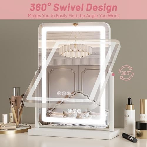 Suidia Vanity Mirror with Lights, 18"×14" LED Makeup Mirror with Light, Smart Touch with 3-Color Lighting, 360°Ratation for Vanity Desk Tabletop,White,Lamp Belt Style thumbnail 5