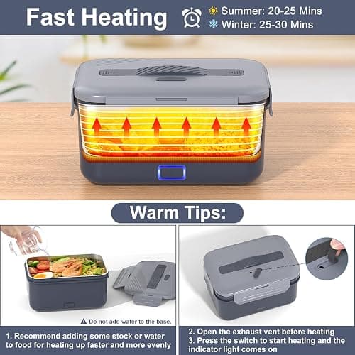 Vabaso 1.8L Electric Lunch Box for Adults, 100W Heated Lunch Box for Car/Truck Home/Work, Portable Food Warmer Heating LunchBox with 61oz Stainless Steel Container, 12V/24V/110V/220V thumbnail 3