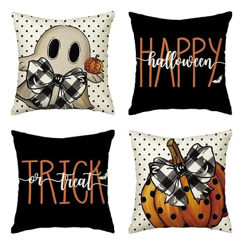 AVOIN colorlife Happy Halloween Cute Ghost Trick or Treat Throw Pillow Covers, 18 x 18 Inch Polka Dot Pumpkin Bat Cushion Case for Sofa Couch Set of 4, Black - Image 1