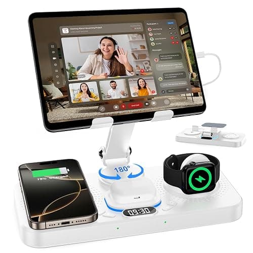 30W Charging Station for Apple Products, Foldable Wireless Charger with Clock Display&7 Color Light, Wired Charging for iPad/Tablet Charging Station for iPhone17, for Apple Watch11 for AirPods4(White - Image 1