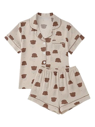 BEAUDRM Women's Two Piece Pajama Sets Allover Print Short Sleeve Sleepwear Button Down Shirt and Bow Shorts Pj Set Loungewear - Image 1