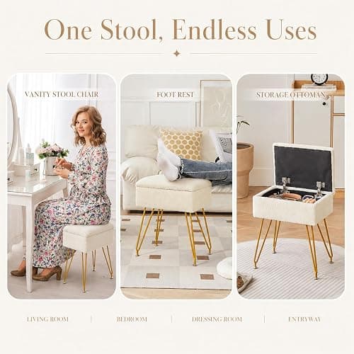 Alessing Vanity Stool Chair Ottoman with Storage, Sherpa Vanity Chair for Makeup Room, Rectangle Vanity Stools with Metal Legs, Soft Makeup Stool Footrest Footstools for Bedroom Living Room, White thumbnail 5