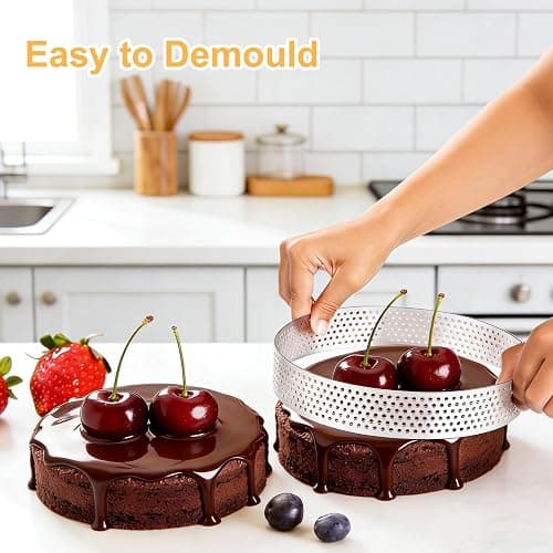 HX-pyahgtv 6 Stück Mousse Tartelette Förmchen, 10 cm Perforierte Dessertringe, Crumpet Rings für Mousse Torten Minikuchen Mini-Pizzen Pie Quiche, Hochwertige Backringe für Kochen & Backe thumbnail 2