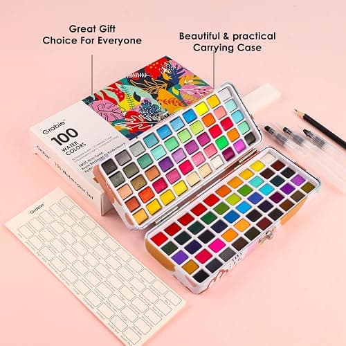 Grabie 100 Colors Watercolor Paint Set，Pack of 50 Regular, 35 Metallic, 10 Macaron and 5 Fluorescent Colors， Portable Metal Case, Water Brush Pens, and Accessories， For Beginners and Professionals thumbnail 2
