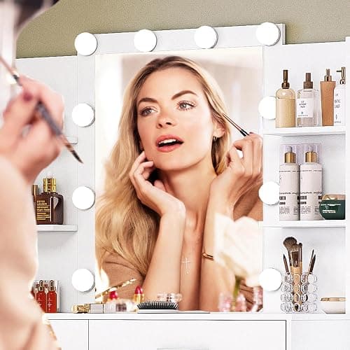 Quimoo 48" Large Vanity Desk with Mirror & Lights, Makeup Vanity Table with 6 Drawers & Power Outlet, 6 Open Storage Shelves, Vanity Desk Set with Stool, for Women Girls, White thumbnail 7