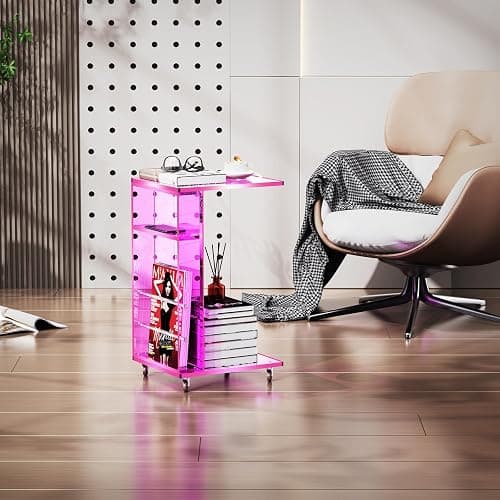 Clear Acrylic Side Table on Lockable Wheels, C Shaped End Table for Sofa, Small Coffee Tables for Small Spaces (Pink) thumbnail 5