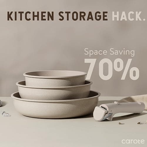 CAROTE 19pcs Pots and Pans Set Non Stick, Nonstick Cookware Set Detachable Handle, Induction Kitchen Cooking Sets with Removable Handle, RV Kitchen, Oven Safe, Taupe thumbnail 6