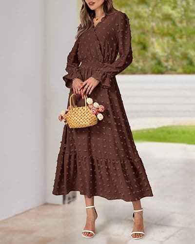 BTFBM Women Fall Maxi Dresses 2025 Long Sleeve V Neck Swiss Dots High Waisted A-Line Ruffle Boho Long Dress Vacation thumbnail 4